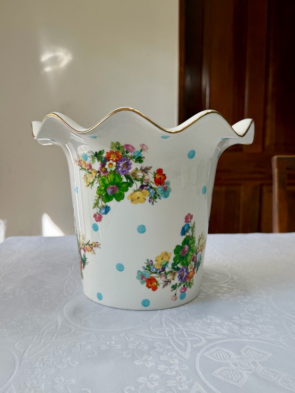 MacKenzie-Childs White Scalloped Vase with Gold Trim and Blue Polka Dots